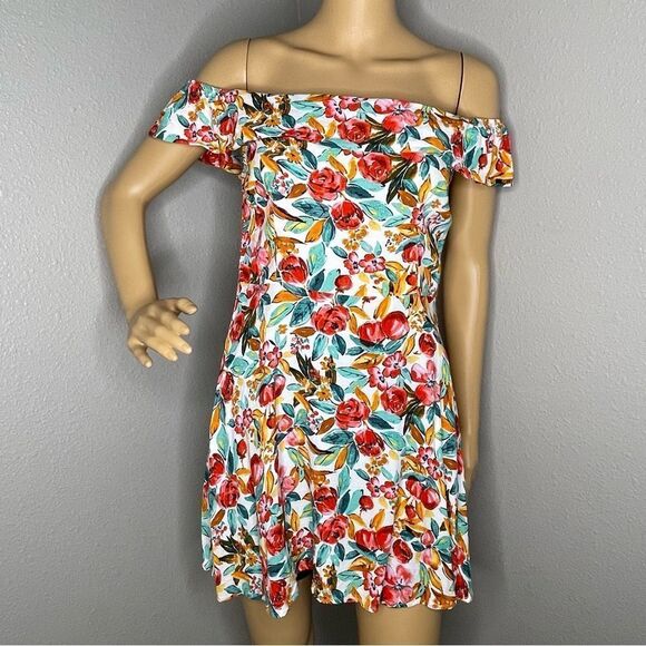 Forever 21 Watercolor Skater Floral Mini Dress Off Shoulder Green Red White L - Picture 1 of 13